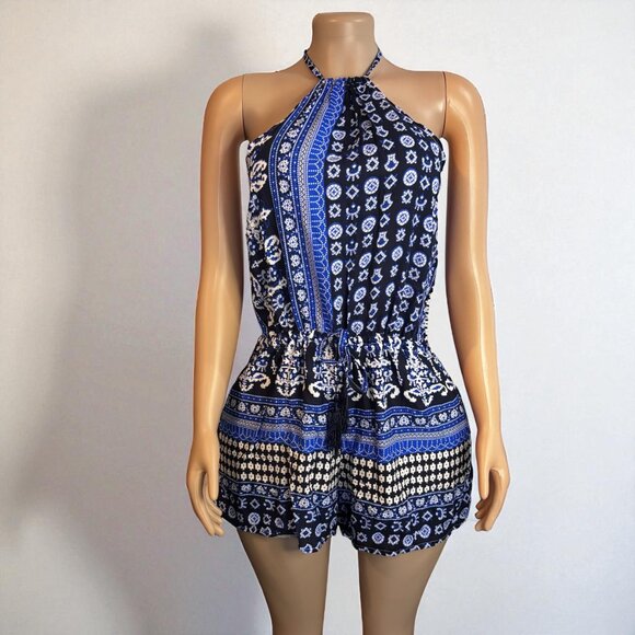Halter Neck Blue Short Keyhole Romper - Picture 5 of 7